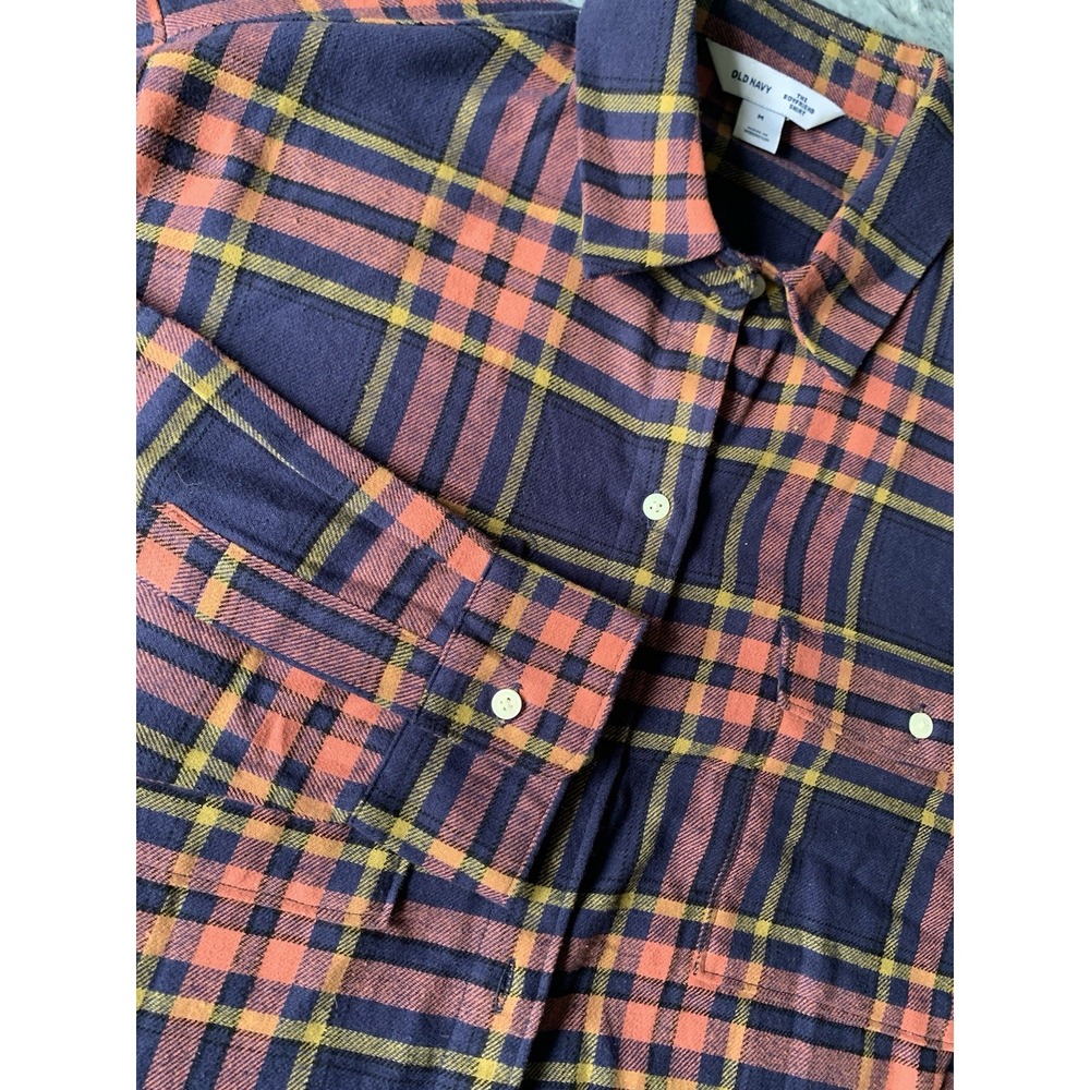 Women's M The Boyfriend Shirt Old Navy Orange Blue Fall Button Down‎ Long Sleeve